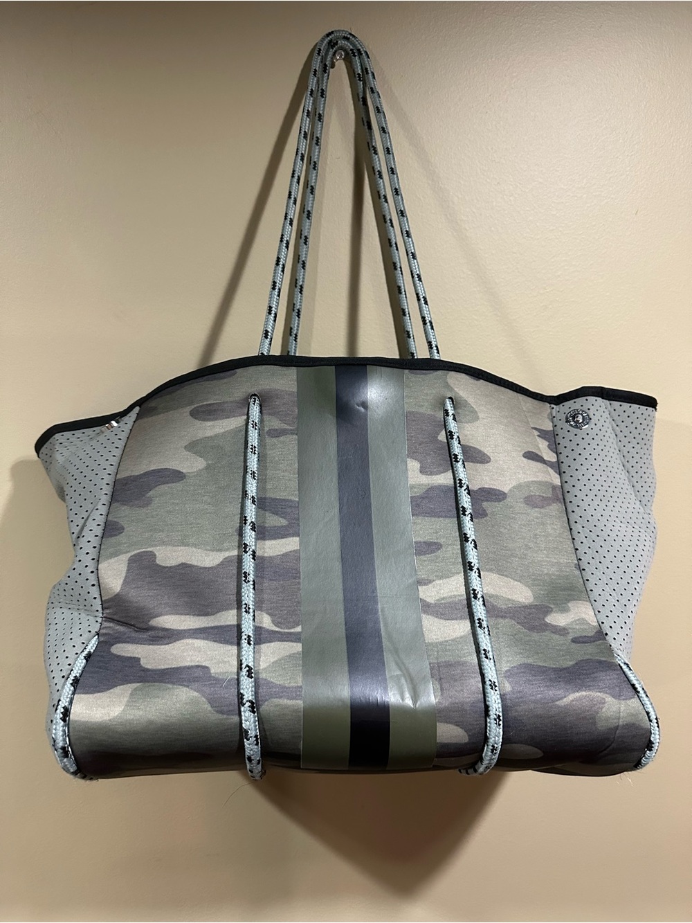 Gray Camo Neoprene Tote Bag with Olive Stripe